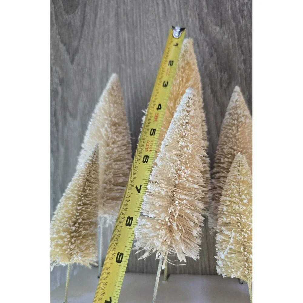 Set of 6 Cream Bottle Brush Flocked Christmas Trees Village NEW